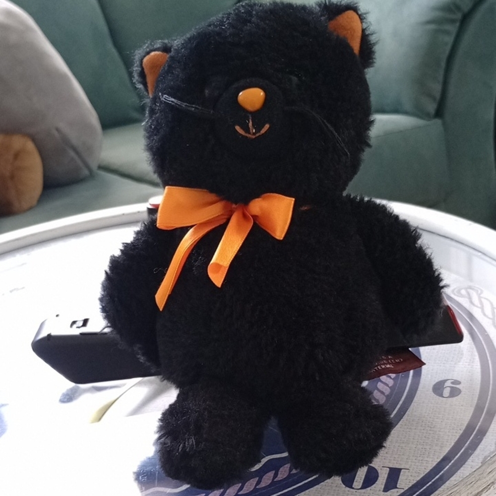Collectable *** Black Plush Toy Cat with Orange Accents, Pre-owned.